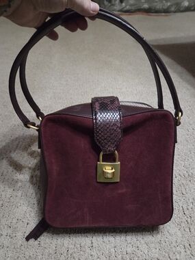 Suede Top-Handle Satchel in Burgundy with Gold Hardware